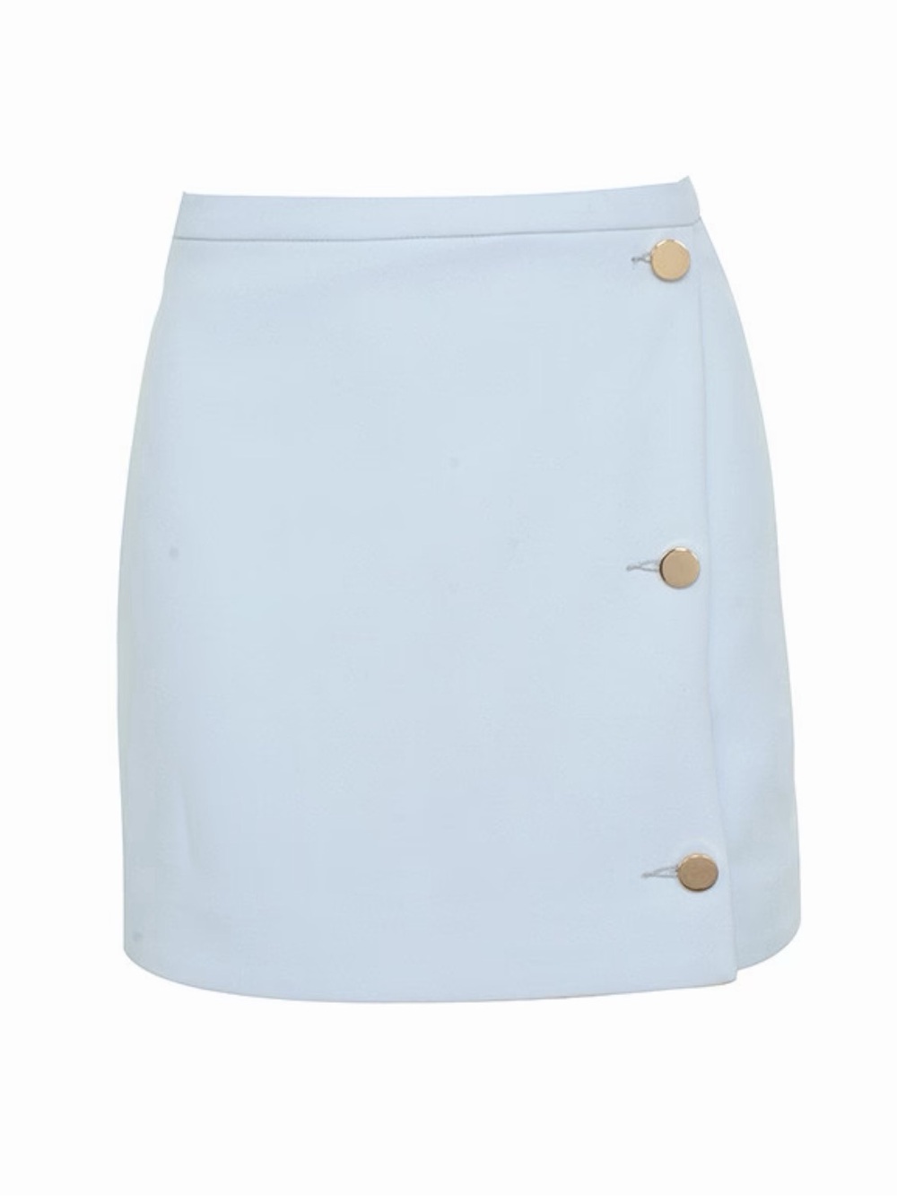 House of CB Rania Mini Skirt Size S Light Blue Faux Wrap Button Contemporary